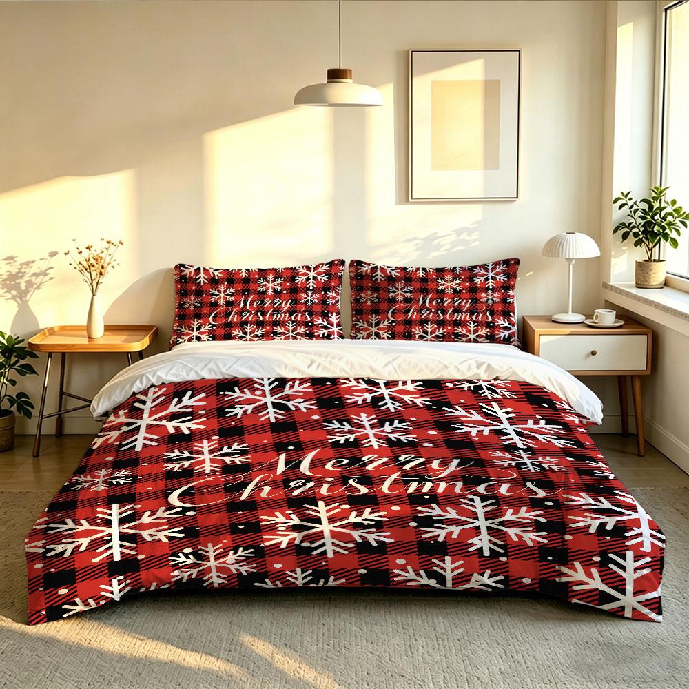 3pcs(1 Bedspread + 2 Pillowcases) Featuring a Red and Black Plaid Snowflake Christmas Pattern, Perfect for Home Decoration
