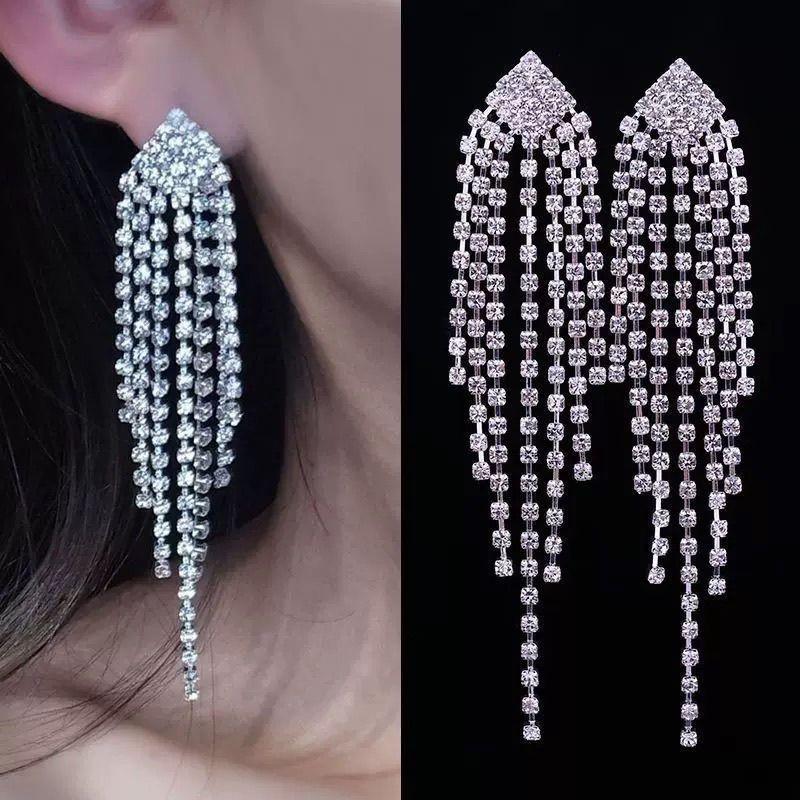 Elegant European & American Diamond Tassel Earrings - Korean Style for Evening Parties and Brides