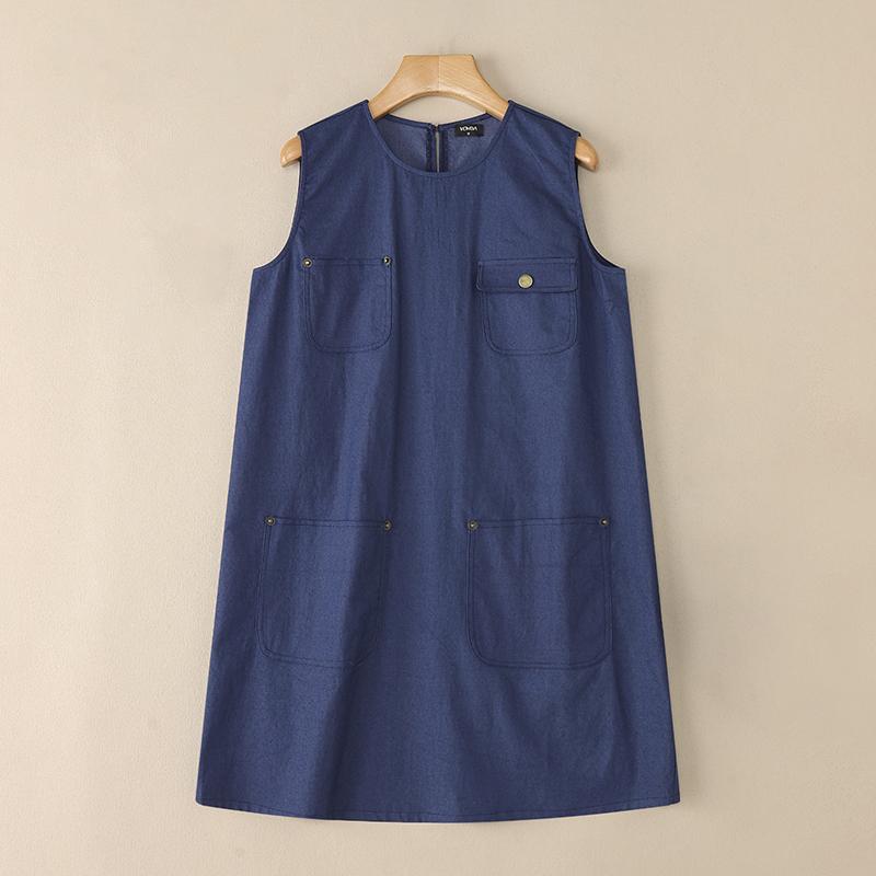 VONDA Women O Neck Sleeveless Decorative Pocket Casual Mini Tank Dress