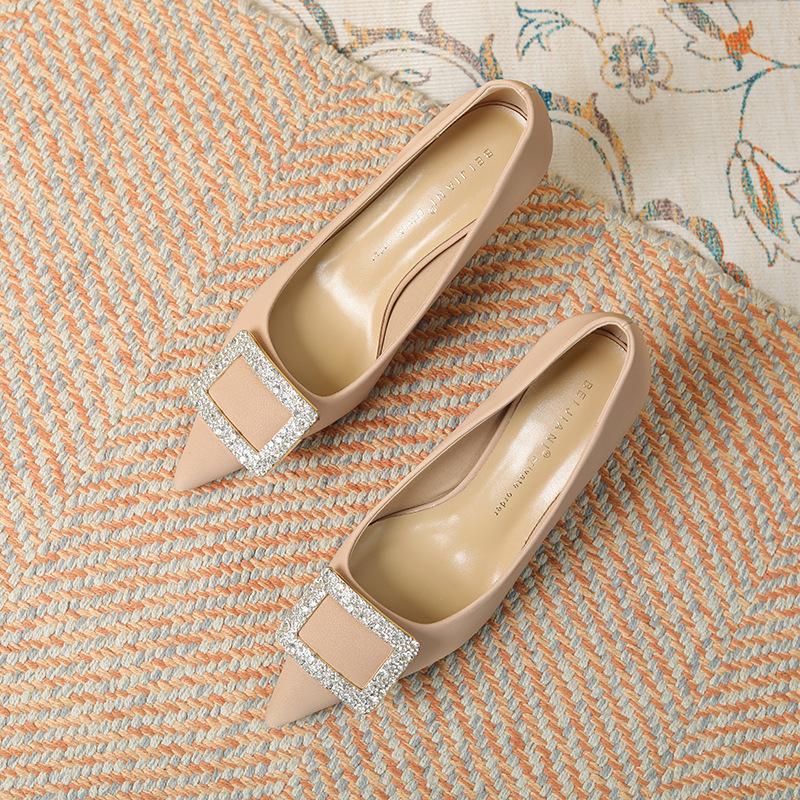 Light luxury rhinestone square buckle high heels women's pointed head thin heel sheepskin single shoes temperament fashionable shallow mouth spring