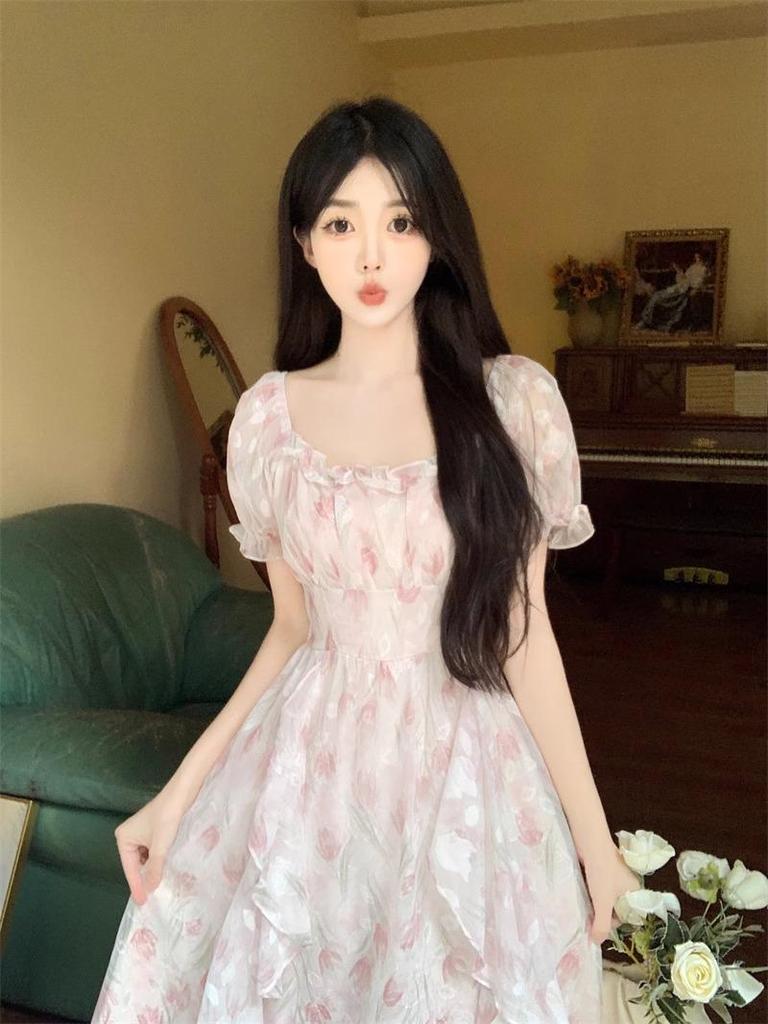 First Love Floral Chiffon Dress - Romantic Square Neck, Elegant Waist-Cinched, Slimming Design, Plus Size Fairy Summer Long Dress for Women