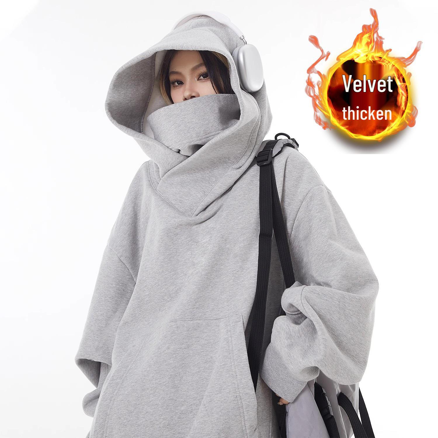 Американская модная унисекс бархатная куртка с капюшоном и высокой горловиной - Нишевый дизайн, свободная толстовка для социальной тревожности XL