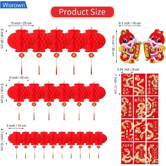 47 Pcs Chinese New Year Decor Set, 2025 Lunar Snake Spring Festival Décor, Includes Couplets, Fu Character, Window Sticker, Red Envelopes, Paper