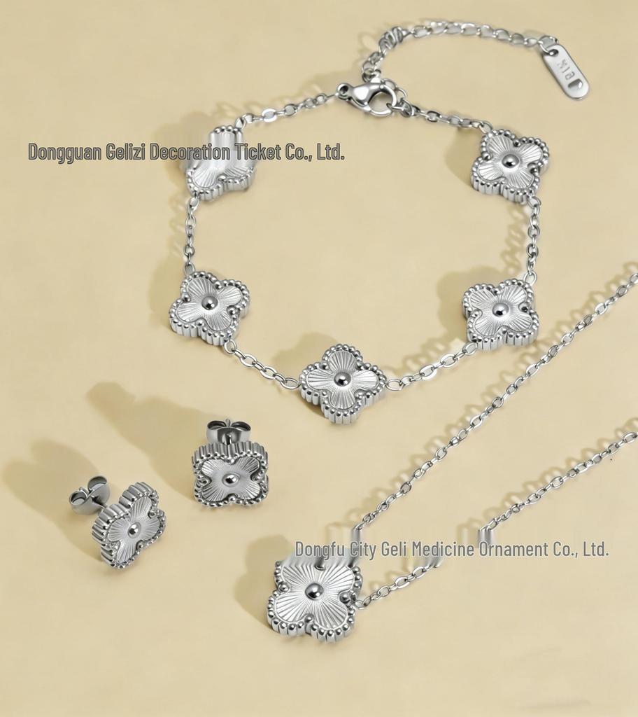 18K Engraved Stainless Steel Four-Leaf Clover Jewelry Set: Necklace, Bracelet, and Earrings