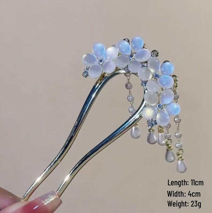 Épingle à cheveux vintage en forme de U avec pompon paon pour femmes - Épingle à chignon nacrée pour Cheongsam et Hanfu