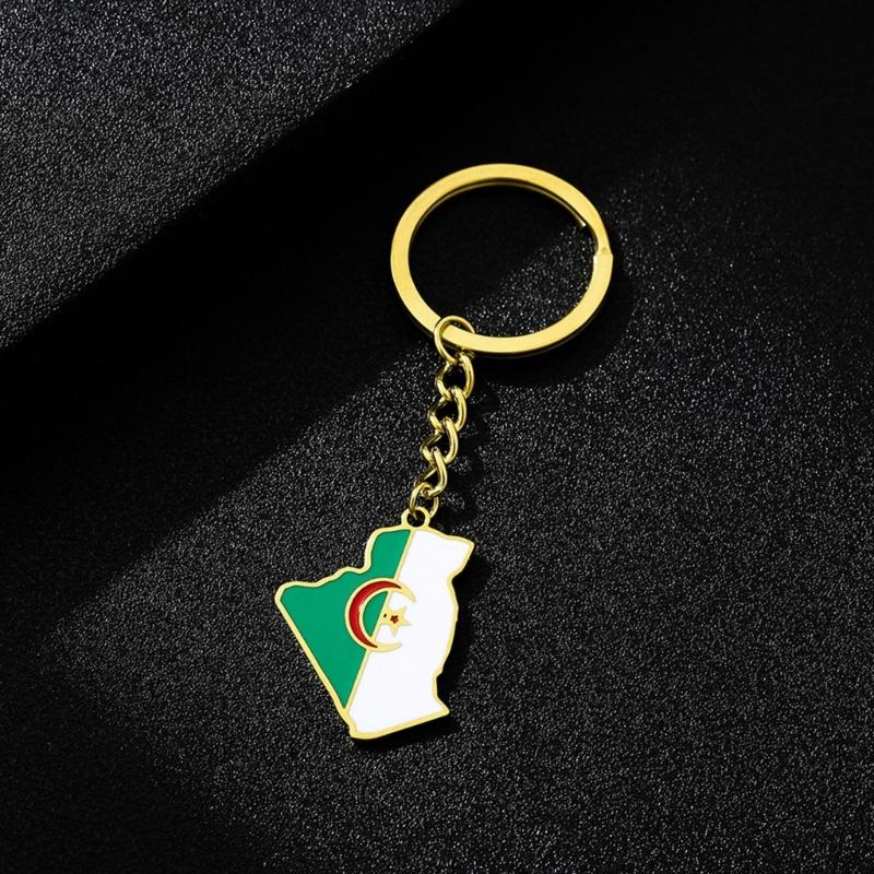 Algeria Map Flag Keychain Stainless Steel Keychain Algeria Remembrances Jewelry Pendant Keyring Gifts for Women and Men