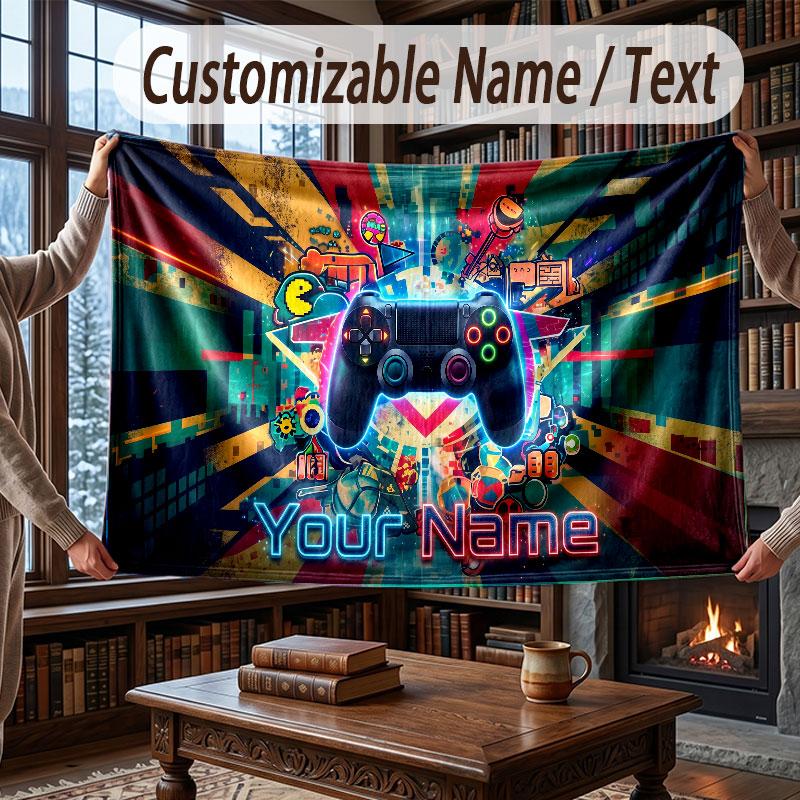 Game Controller Theme Throw Blanket Custom Name Text Personalized Blanket Soft Cozy Blanket for Home Sofa Bed
