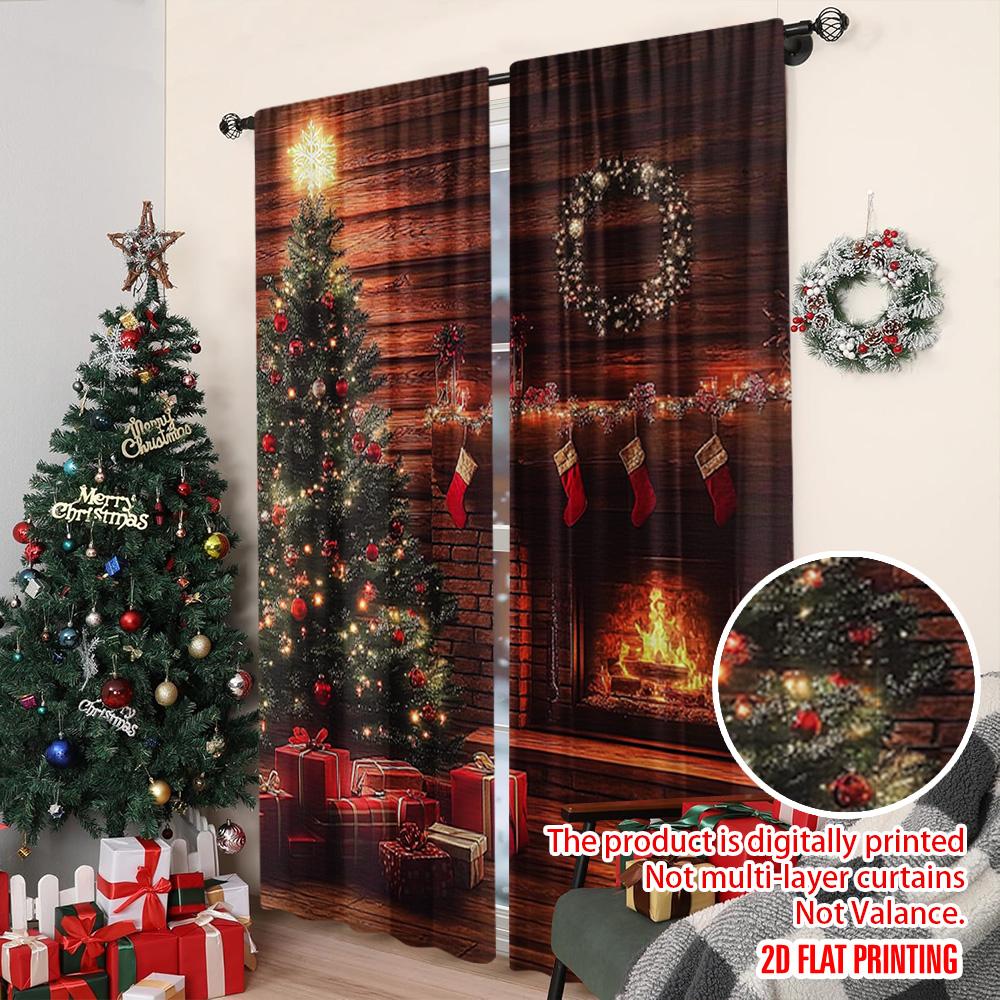2pcs 2D flat printing Merry Christmas Popular Curtains Fireplace and Christmas tree Versatile Fabric Without Electricity Party