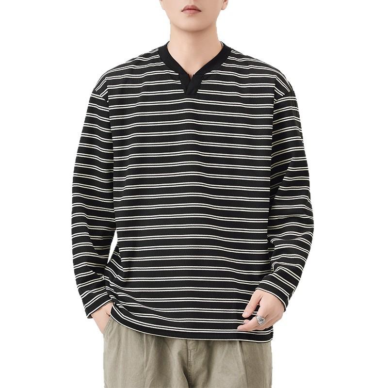 American Color Matching Neckline Small V-neck Knitted T-shirt Men's Autumn and Winter New Long-sleeved Striped Clothes