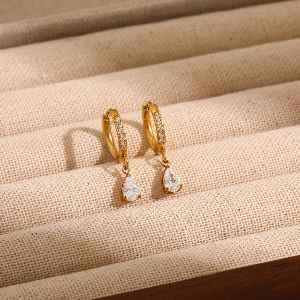 18K Gold Zirconia Water Drop Diamond Stainless Steel Pendant Earrings - Versatile & Elegant for Women