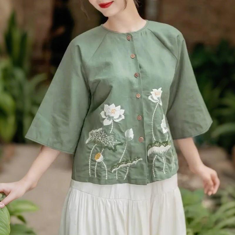 

ZANZEA Жіноча повсякденна блузка з круглим вирізом, рукавом 3/4, вільного крою, з квітковим принтом S зелений