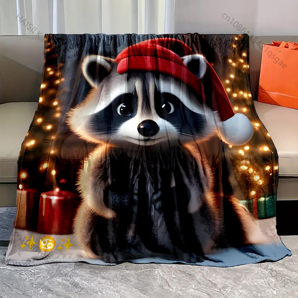 Multi-Size Festive Raccoon with Santa Hat Pattern Blanket Flannel Material Soft Warm for All Seasons Home Outdoor Camping Picnic