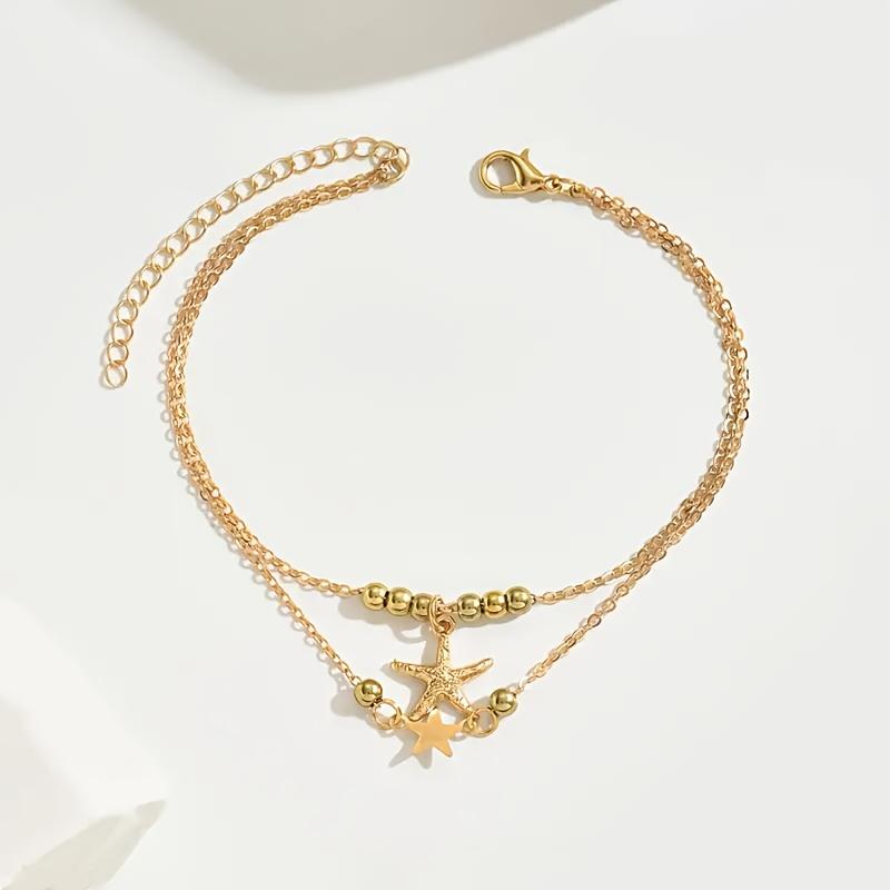 Exquisite Ball Bead Starfish Pendant Double-layer Ankle Chain Elegant O-chain Foot Chain Women's Summer Beach Party Foot Zircon