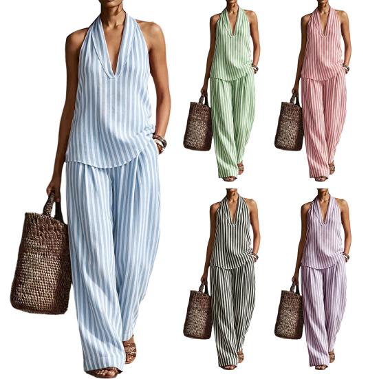 Women's Summer Striped Two Piece Set Sleeveless Halter Neck Top And Long Pants Matching Sets Casual Travel Vacation Outfits