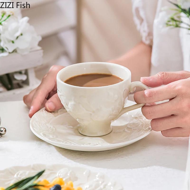 White Floral Relief Classical Ceramic Cup&saucer Dining Table Coffee Mug Milk Mugs Afternoon Tea Teacup Fruit Juice Container