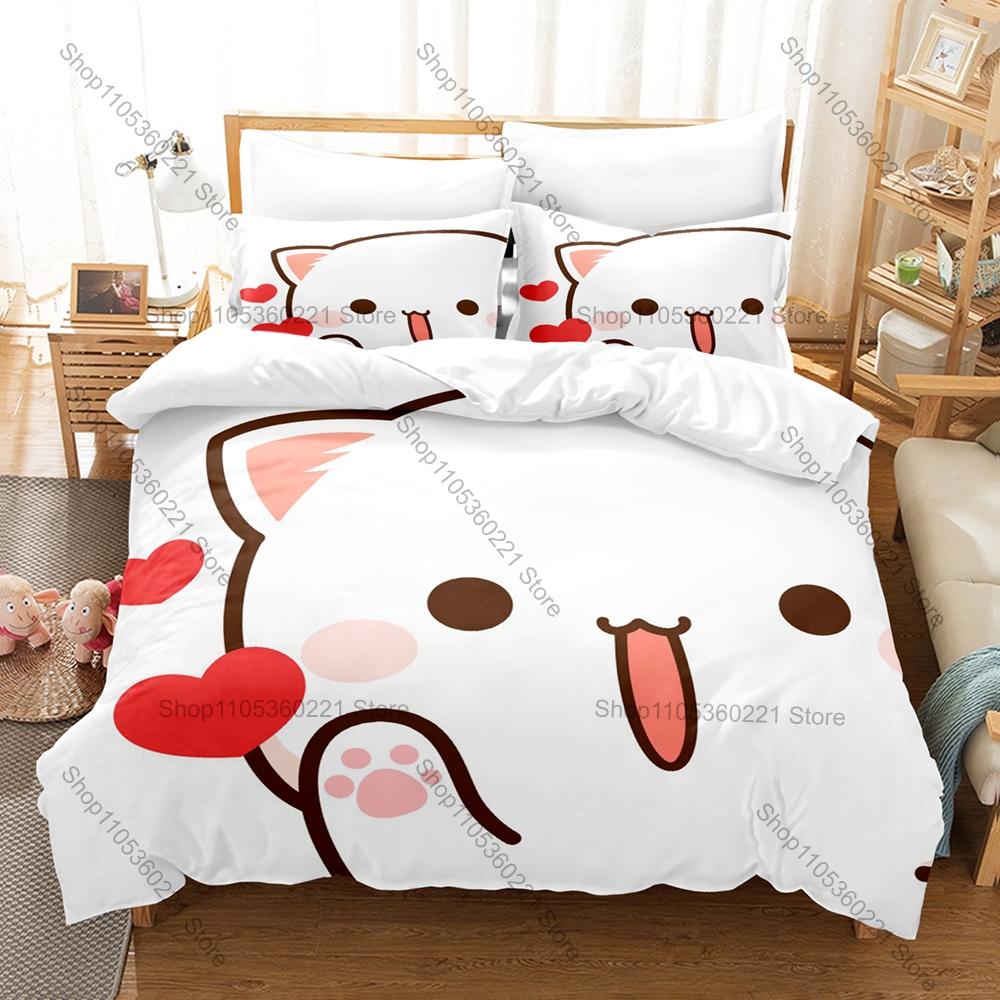 Popular Peach Cat IP Duvet Cover + 2 Pillowcases, Lovely Pink Cat Pattern Bedding Set for Fan Collection