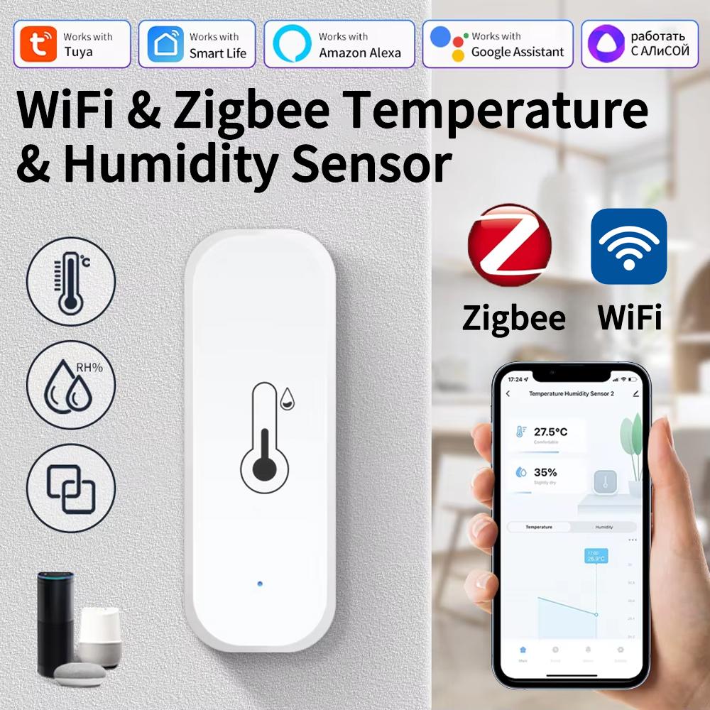 

Умный датчик температуры и влажности Tuya ZigBee/WiFi с удаленной сигнализацией через приложение для домашней автоматизации, совместимый с Alexa Google Home Tuya Zigbee
