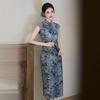 Womens Sleeveless Elastic Fitted Waist Cinched Chinese-Inspired Long Cheongsam Dress Vintage Style 2025