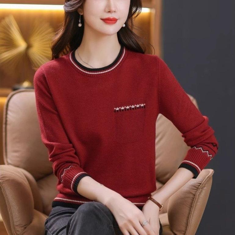 Color-blocked Round-neck Knitted Sweater for Women In Winter Casual Long-sleeved Sweater and Fashionable Loose Pullover
