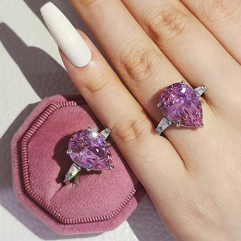 Pink Zircon Teardrop Engagement Ring - European & American Style, Synthetic Crystal, Pear-Shaped Design (r5234)