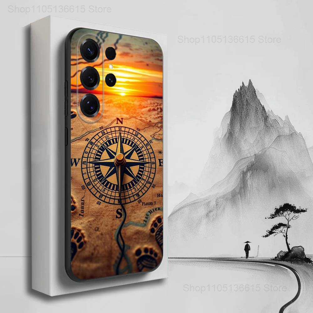 Art Navigation Compass For Samsung S9,S10,S20,S10,S21,S25,S24,S23,Ultra,FE,Plus,Lite,Soft Silicone Black Case