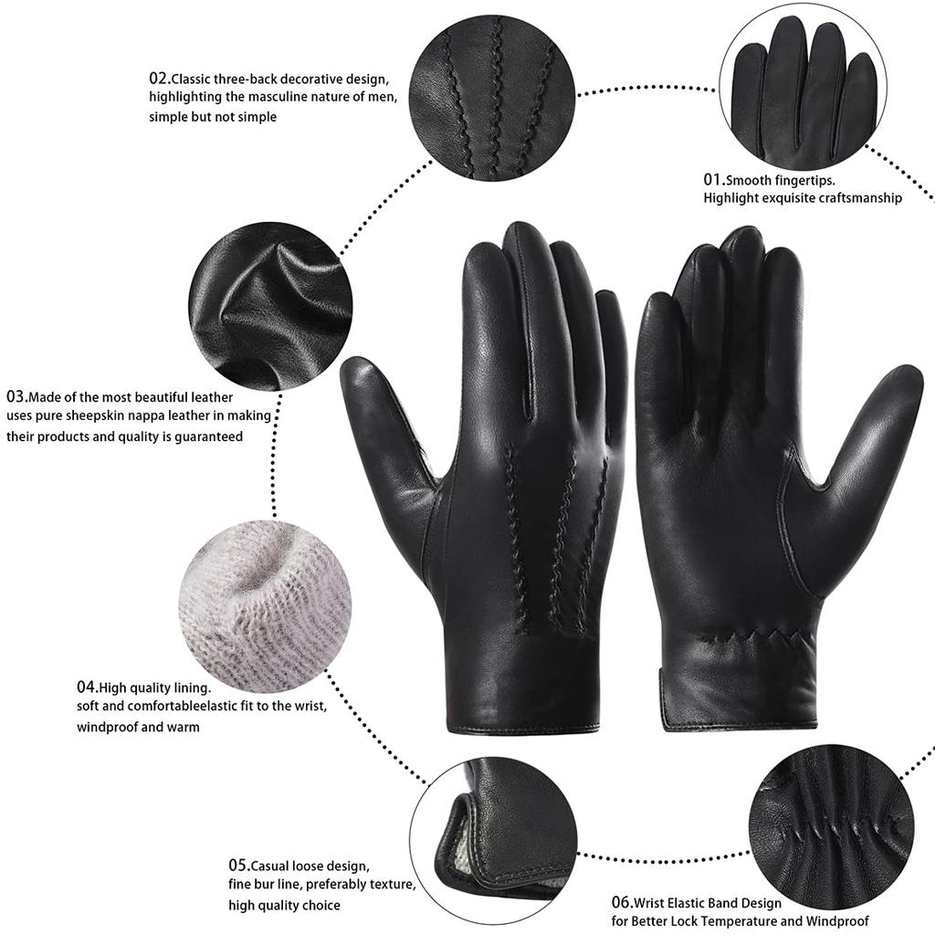 Harssidanzar Luxury Italian Sheepskin Leather Gloves with Cashmere Stitching for Size XS Men's Warmth, Black,
