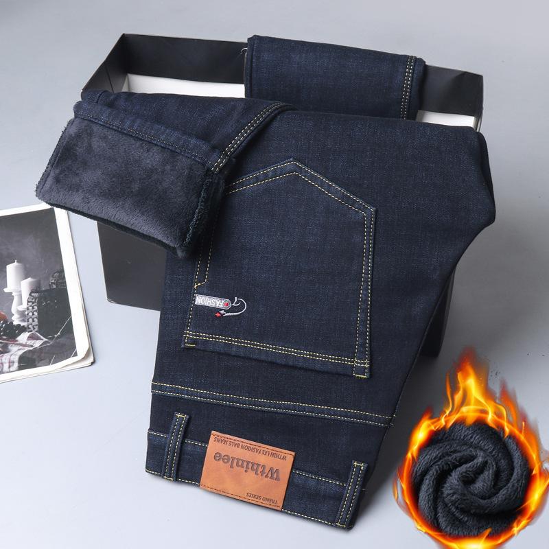 Elastický sametový zesílený pánský džíns rovný volný ležérní velké velikosti zimní bavlna módní teplé dlouhé kalhoty