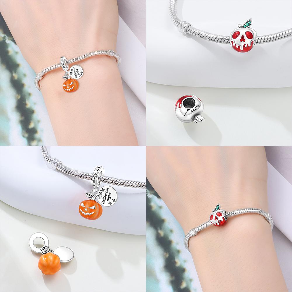 Original Charms Copper Luminous Halloween Pumpkin Car Pendant Red Epoxy Skull Apple Bead Fit Bracelet Women Jewelry Diy Gift