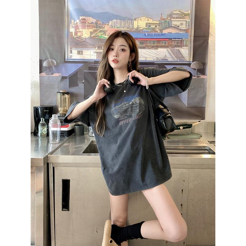 American retro front shoulder short-sleeved T-shirt women's spring new printed washed old loose medium and long top