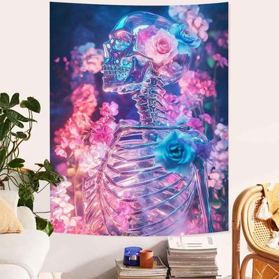 VIKAMA Illuminated Floral Skull Tapestry Girls Bedroom Wall Hanging Guesthouse Living Room Dormitory Tapestry Home Decor