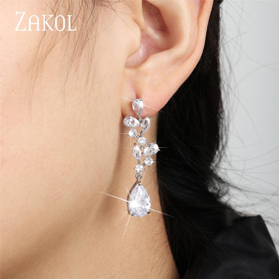 ZAKOL Luxury CZ Leaf Shape Long Dangle Earrings for Women Shinny Water Drop Cubic Zirconia Bridal Jewelry EP5097