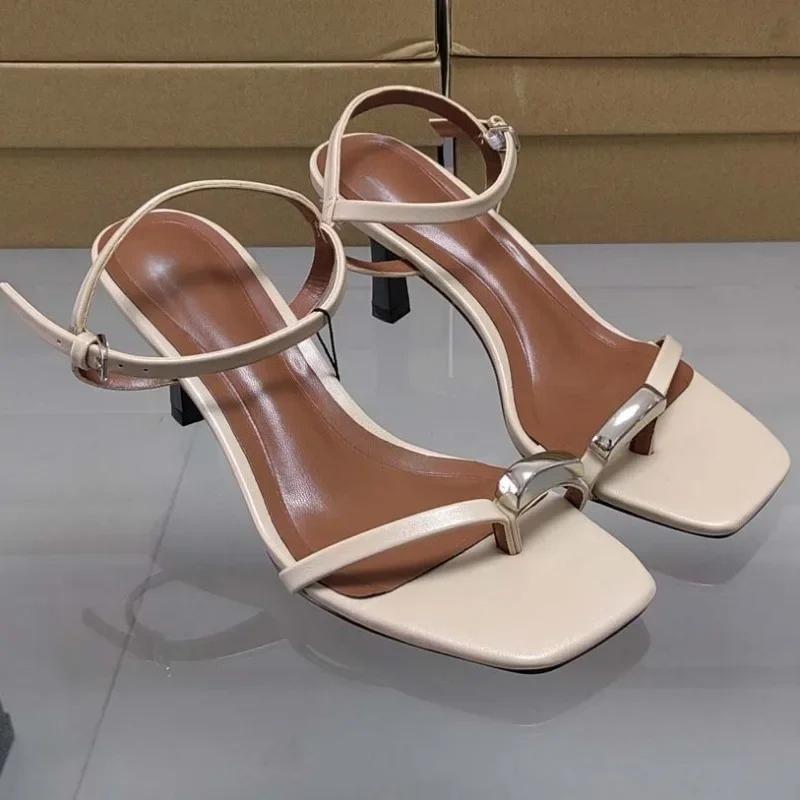 Fashion 2025 Summer Women High Heel Sandals Metal Decoration Elegant Clip Toe Stilettos Big Size Luxury Brand Ankle Strap Ladies Shoes