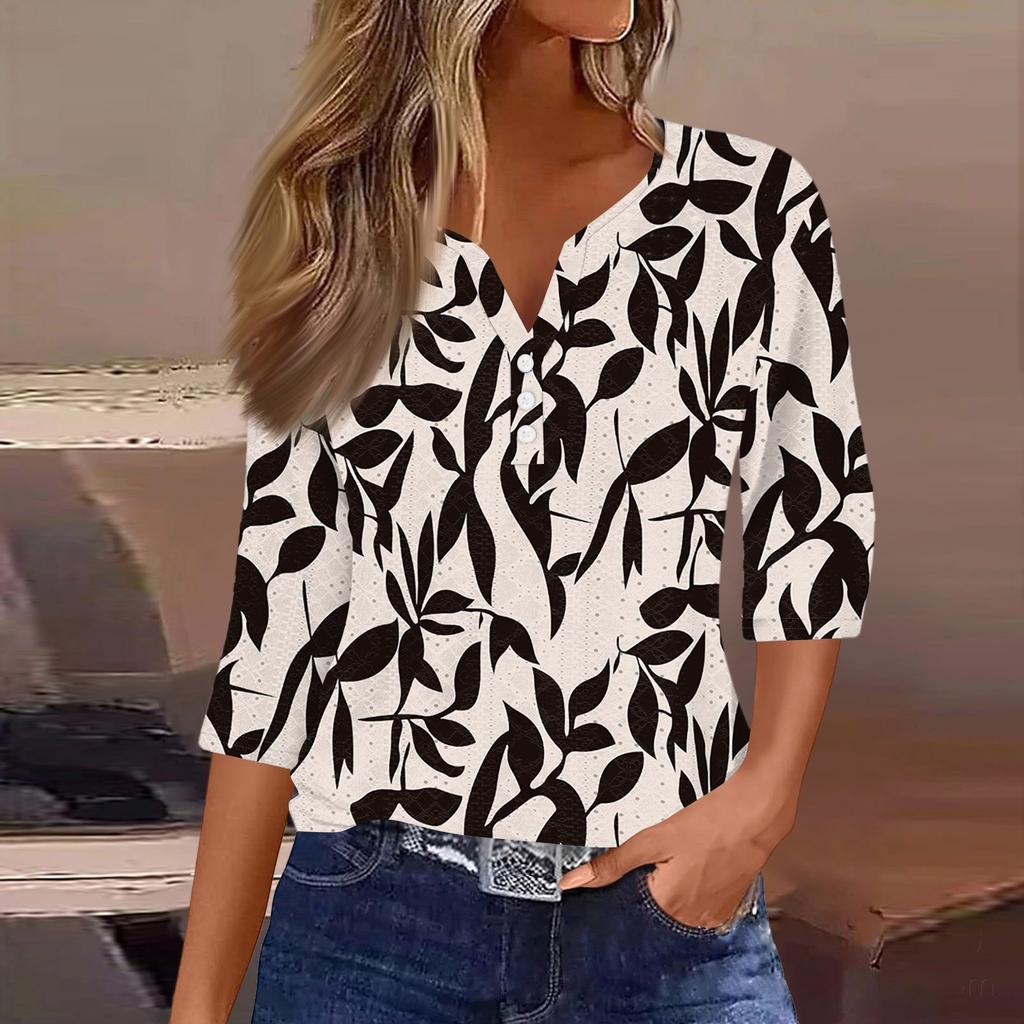 Women's T Shirt Tee Print Button  3/4 SleeveDaily Weekend Fashion Basic V- Neck Regular Top