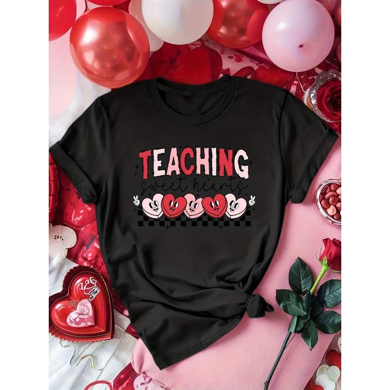 

European sizes Women s Teacher-Themed Teaching Sweet Hearts T-Shirt - Cute Heart & Graphics, Soft Round Neck Short Sleeve 4XL чорний