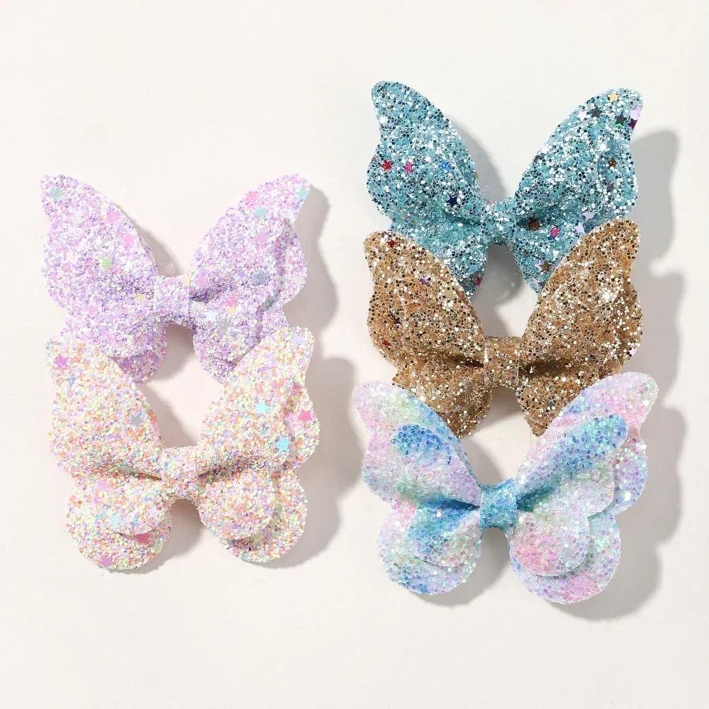 2/4/5Pcs Girls Cute Sequins Double Butterfly Hair Clip Bow Hairpins DIY Headwear Bow Decor Hairgrip Toddler Hair Accessories