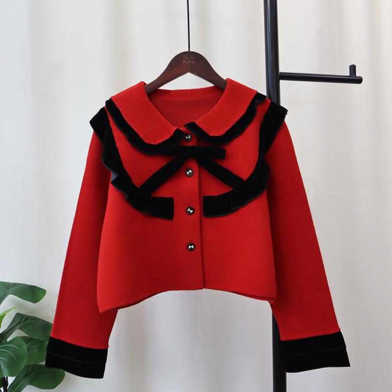 

Осень и зима новый маленький короткий вязаный двусторонний кардиган дизайнерский нишевый контрастный свитер куртка женская one size fits all красный