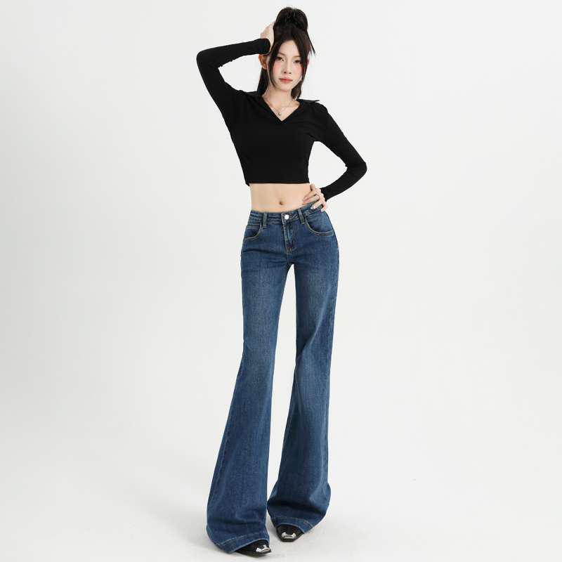 Retro Blue Spicy Girl Low-Rise Micro Flare Jeans: Women s American Style Stretchy Slimming Floor-Length Pants Extra Small