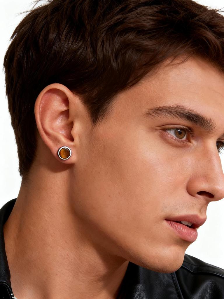 Viking Round Stone Stud Earrings for Men Boys,Anti Allergy Stainless Steel Tiger Eye Stone Stud Earrings Gift