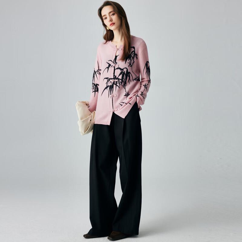 Paluopo Women's 100% Cashmere Ink Print Round Neck Cardigan