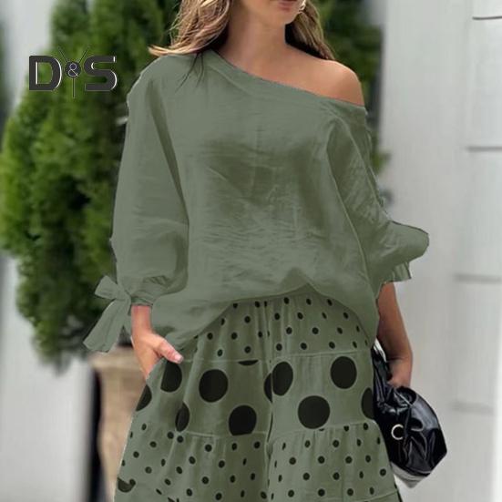 2 Pcs/Set Women T-shirt Pants Set Slant Neck One Shoulder Long Sleeve Bow Cuff Top Loose High Waist Wide Leg Printed Long Trousers Casual Dating