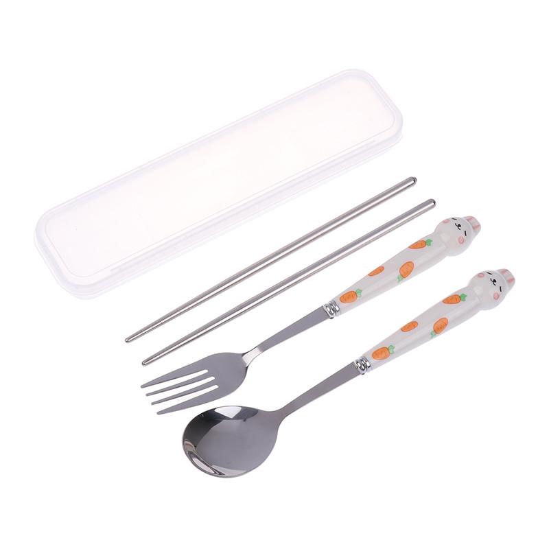 Sada nádobí s kresleným králíkem a lžící a vidličkou z nerezové oceli, hůlky, studentské přenosné nádobí, cestovní příbory s krabičkou