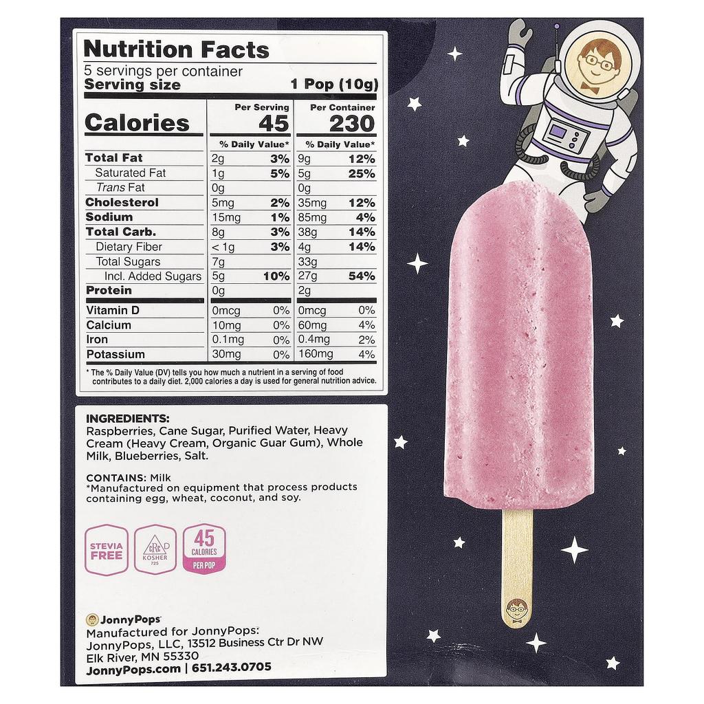JonnyPops, Freeze-Dried Minis, Raspberry, Blueberry & Cream, 5 Count, 10g Each
