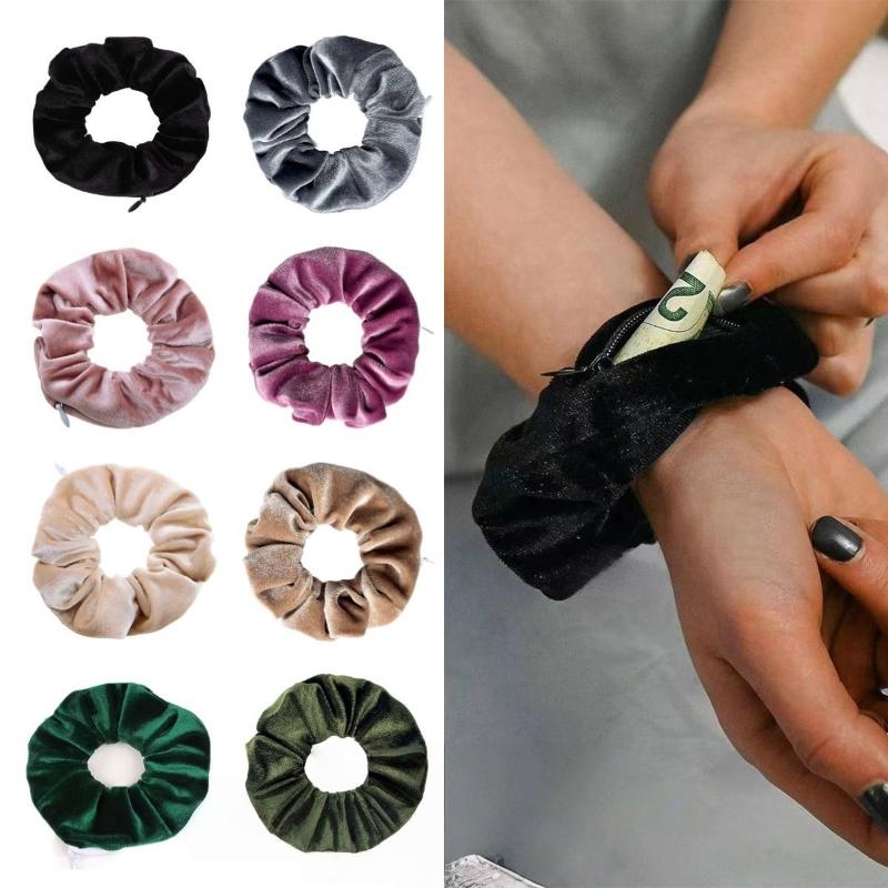 2Pcs Striped Knitted Fabric Solid Color Hair Band Hair Scrunchies With Pocket Zipper For Girls Ponytail Holder Bands