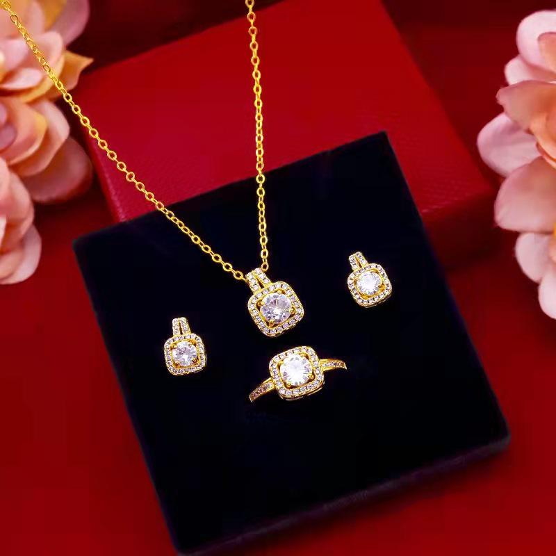Three-Piece Zircon Gold Jewelry Set: Women's Earrings, Ring, and Necklace