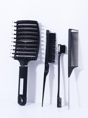 4 Stück/Set Borsten-Trocken-Nassmassage-Kamm für lockiges Haar mit Kammausleger und Kantenbürste Salon-Styling-Werkzeugset Speziell für Echthaarperücken