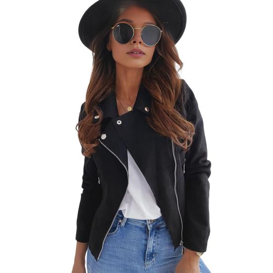 

Женская куртка из искусственной кожи, гладкая поверхность, отложной воротник, застежка-молния, длинные рукава, карманы, мотоциклетное пальто для офиса S чёрный