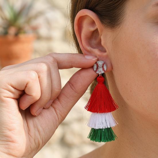 1 Pair Drop Earrings Sports-Themed Baseball Football Basketball Style Lightweight Soft Layered Tassels Red White Green Earrings Cheer Accessories