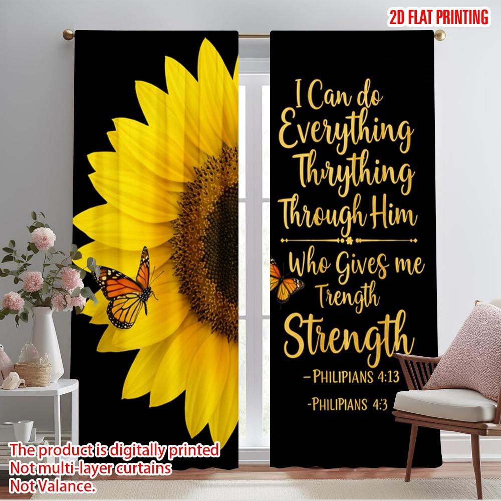 

2pcs 2D flat printing Party Window Curtains Sunflower Butterfly Strength Scripture Polyester Without Electricity Festive Wall 52.50×116.00 CM 2pcs