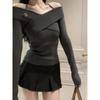 French Slim Fit Off-Shoulder Sweater: Solid Color, Irregular Knit Design for Women - Autumn/Winter Collection