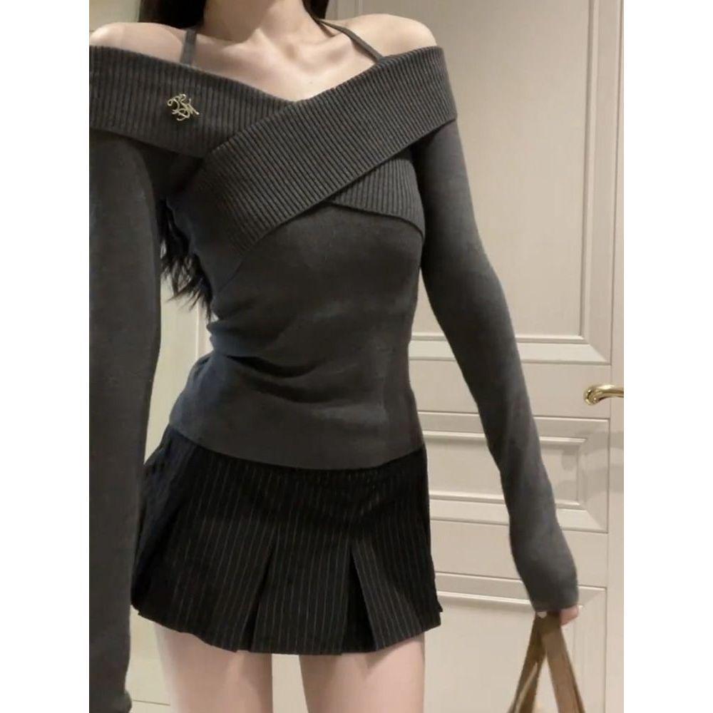 French Slim Fit Off-Shoulder Sweater: Solid Color, Irregular Knit Design for Women - Autumn/Winter Collection